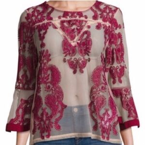 MinkPink Burgundy Red & Pink Paisley Sheer Embroidered Bell 3/4-Sleeve Top